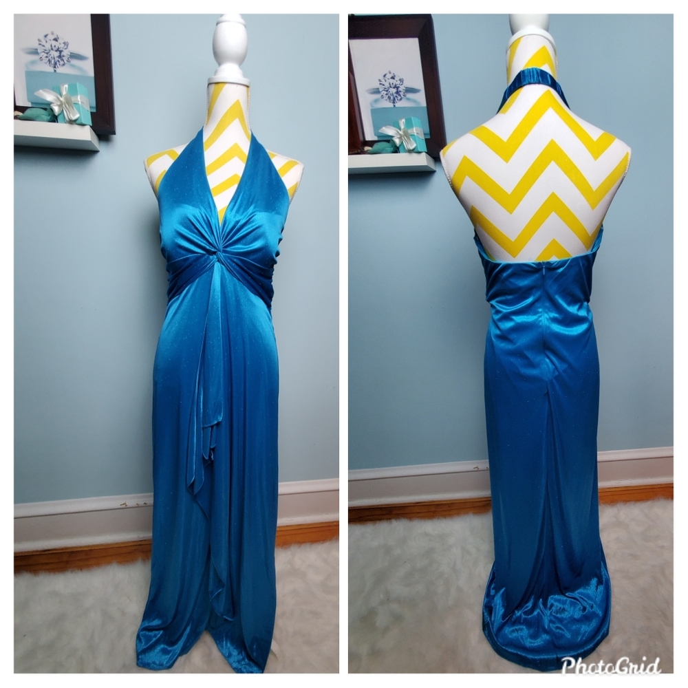 Stretchy Blue sparkle backless halter prom dress
